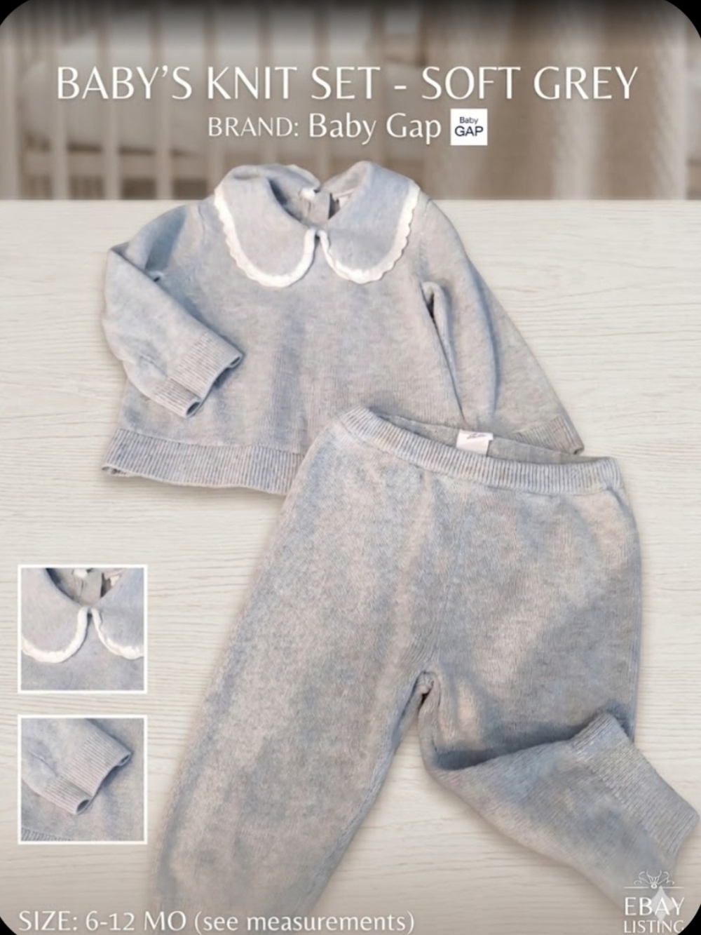 Baby Girl Knit Sweater Set Grey 2-Piece Outfit with Scalloped Peter Pan Collar